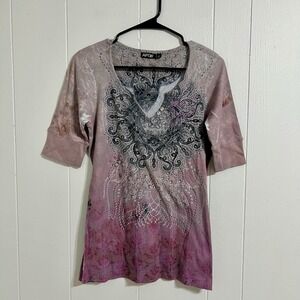 Women's Y2K Whimsygoth Rhinestone Embellished V Neck 3/4 Sleeve Top Medium Apt9